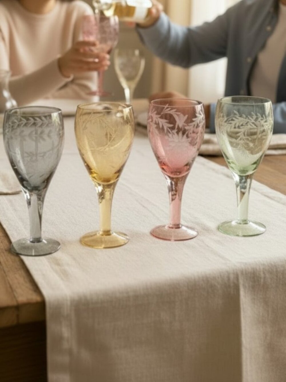 WINE GOBLETS -- Set of 4, Rose/Blue/Amber/Green, Vintage, Etched w/Indiv Designs